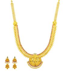 Bring a regal look to your traditional wear or other formal outfits with this stunning Goddess Laxmi Jewelry Set from Virani! The radiant emeralds and rubies embedded into this sacred 22k yellow gold temple design featuring a depiction of the Goddess Laxmi is just what a woman needs to show off her pride in her heritage while making a luxuriously bold statement.Features• 22K Yellow Gold.• Emeralds. • Rubies.Specifications• Minimum Necklace Width - 2 millimeters • Maximum Necklace Width - 47 mill Luxury Yellow Traditional Temple Necklace, Luxury Yellow Gold Emerald Temple Necklace, Luxury 22k Gold Yellow Temple Necklace, Luxury 22k Gold Temple Necklace, Luxury 22k Yellow Gold Temple Necklace, Temple Design, Formal Outfit, Jewelry Set, Emerald