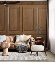 a living room filled with furniture and wooden paneling