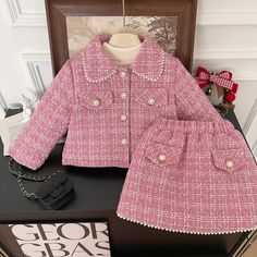 New Year Girls Pink  Two-piece Suit Cotton School Sets For Fall, Fitted School Sets For Fall, Fitted Sets For School In Fall, Fitted Spring Sets For School, Fitted Sets For School Spring Season, Spring School Fitted Sets, Winter School Sets With Fitted Stretch, Fitted Winter Sets With Pockets, Toddler Birthday Dress