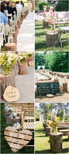 wedding ceremony decorations and seating at the end of an aisle with wooden signs on them