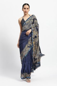 Royal blue saree featuring floral bloom print all over embellished with lace work. Paired with a running blouse piece. - Aza Fashions Blue Embroidered Silk Pre-draped Saree, Blue Silk Saree With Resham Embroidery, Blue Silk Pre-draped Saree With Resham Embroidery, Blue Silk Anarkali Pre-draped Saree, Blue Silk Pre-draped Saree For Eid, Festive Silk Saree With Floral Embroidery, Eid Blue Cotton Silk Pre-draped Saree, Blue Silk Blouse Piece For Reception, Festive Blue Silk Pre-draped Saree