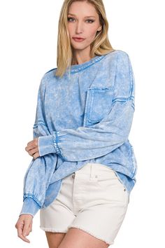 Zenana French Terry Acid Wash Raw Edge Front Pocket Pullover Lavender Candy, Turquoise Ocean, Light Teal, Halloween Sale, Back Patch, Stay Cozy, Pink Candy, Soft Texture, Acid Wash