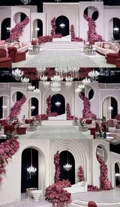 this is a collage of photos with pink flowers and chandeliers on the ceiling