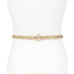 Glamour that gleams: Michael Michael Kors' chain belt provides a pop of shine to your look..Approx. length: S/M: 39'; L/XL: 45'; measured from end to end. Approx. width: 1/2'.Gold-tone exterior hardware; MK logo at front.Clip closure.Metal.Spot clean only.Imported Elegant Silver Belt With Metal Logo, Luxury Gold-tone Metal Chain Belt, Luxury Metal Chain Belt For Party, Luxury Chain Link Belt For Party, Elegant Gold Belt With Metal Logo, Trendy Metal Chain Belt For Evening, Luxury Chain Belt For Party, Luxury Adjustable Chain Belt For Party, Luxury Adjustable Chain Party Belt