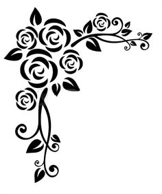 a cross with roses on it and leaves around the cross is shown in this black and white image