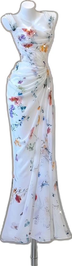 Elegant Multicolor Floral Dress For Summer, Elegant Long Floral Dress For Spring, Elegant Multicolor Midi Floral Dress, Spring Wedding Dress With Floral Design, Long Floral Dress For Spring Evening, Spring Evening Dresses With Floral Design, Spring Floral Long Evening Dress, Elegant Flowy Floral Wedding Dress, Flowy Skirt Dress For Wedding Guest