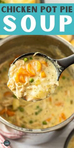 a spoon full of chicken pot pie soup