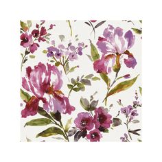 watercolor flowers on white paper with green leaves and purple flowers in the center,