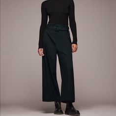 High-Waist Trousers Featuring A Belt With Buckle Lined In The Same Fabric And Invisible Side Zip Fastening. Dark Green. Size Xs Versatile Fitted Belted Bottoms, Belted Fitted Wide Leg Pants For Work, Fitted Belted Wide Leg Pants For Work, Versatile Belted Workwear Bottoms, Versatile Belted Bottoms For Work, Green Business Casual Bottoms For Fall, Fall Wide Leg Belted Pants For Work, Fall Workwear Belted Wide Leg Pants, Fall Business Casual Green Bottoms