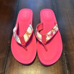 Price Is Firmbrand New Without Box! Never Been Worn! Coach Signature Pink Jolie Flip Flop Thong Sandals Size 11! Very Hard To Find In New Condition & This Size! Originally Retailed For Over $100! These Are Cute & Comfy & Have Padded Footbed/Insole & Good Arch Support! Get 10% Off 3 Or More Bundled Items! Plus Discounted Shipping! Please Consider That Poshmark Receives 20% Of My Sales! Thanks! Coach Pink Sandals For Beach, Coach Sandals With Cushioned Footbed For Vacation, Coach Pink Slip-on Sandals, Coach Adjustable Sandals For Beach, Adjustable Coach Sandals For The Beach, Gold Wedge Heels, Coach Flip Flops, Jelly Flip Flops, Logo Flip Flops