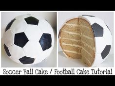 two pictures of a soccer ball cake with one slice cut out and the other half eaten