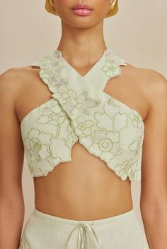 MATIAS TOP - LIGHT HONEYDEW Crossover Crop Top, Crop Top Designs, Cult Gaia, Honeydew, Scalloped Hem, Floral Motifs, Cropped Top, Floral Motif, Hidden Zipper