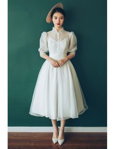 Vintage Chic Tea Length Bubble Sleeves Weddding Dress with Collar 70s 80s Style #E8936 - GemGrace.com Spring Vintage Fitted Dress For Banquet, Spring Banquet Vintage Dress, Fitted Vintage Dress For Spring Banquet, Vintage Knee-length Dress For Banquet, White Long Sleeve Dress For Prom Season, White Long Sleeve Dress For Prom, Vintage Knee-length Prom Dresses, White A-line Retro Vintage Dress, White Knee-length Vintage Party Dress