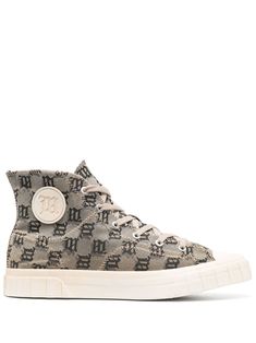 beige/brown canvas monogram pattern logo patch to the side debossed logo to the rear ankle-length round toe rubber toecap front lace-up fastening metal eyelet detailing chunky rubber sole Designer High-top Sneakers With Embossed Logo For Streetwear, High-top Sneakers With Embossed Logo, Designer High-top Sneakers With Vulcanized Sole, High-top Sneakers With Embossed Logo For Streetwear, Designer High-top Sneakers With Logo For Streetwear, Canvas High-top Sneakers With Logo Print For Streetwear, Canvas High-top Lace-up Sneakers With Logo Print, High-top Canvas Sneakers With Logo, Brown Canvas High-top Sneakers