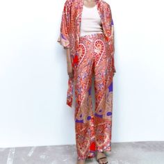 Zara Printed Pants /Zara Loose Fitted Palazo Pants Size M Summer Wide-leg Paisley Print Pants, Multicolor Paisley Print Wide Leg Pants, Wide Leg Patterned Pants With Paisley Print, Patterned Wide Leg Pants With Paisley Print, Bohemian Spring Pants With Paisley Print, Patterned Paisley Print Pants For Summer, Summer Paisley Print Patterned Pants, Multicolor Paisley Print Summer Pants, Patterned Paisley Print Summer Pants