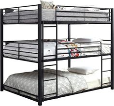 the bunk bed is black and has two sets of mattresses on top of it