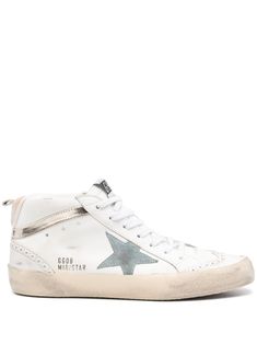 white calf leather distressed effect panelled design front lace-up fastening contrasting branded heel counter pull-tab at the heel metallic effect trim perforated detailing logo print to the side star patch detail to the side logo patch at the tongue round toe padded ankle branded leather insole French terry lining ankle-length flat rubber sole Golden Goose Mid Star, Golden Goose Mid, Detailing Logo, Golden Goose Sneakers, Golden Goose Shoes, Golden Goose Deluxe Brand, Star Sneakers, Sneaker Brands, Golden Goose