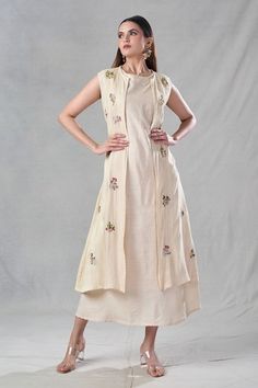 Beige shrug in organic silk base with floral thread embroidery. Paired with a matching inner dress. - Aza Fashions Shrug With Dress, Floral Thread Embroidery, Shrug Pattern, Thread Embroidery, Silk Embroidery, Dress For Women, Women Dresses, Embroidery Thread, Aza Fashion