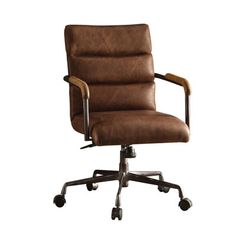 a brown leather office chair with wheels and casteors on an isolated white background photo