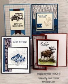 four cards with different designs on them and one has an image of a deer, fish, and truck