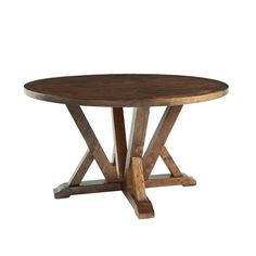 a round wooden table with two crossed legs