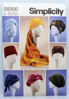 "Turbans, Headwrap and Hats sewing pattern, Uncut/FF.  All sizes included in envelope.  Package includes patterns and instructions for different styles of close-fitting headwear, sizes: Small - 21-1/2\"; Medium - 22-1/2\"; Large - 23-1/2\".   Pattern envelope has minor folds/tears due to age/storage (see pictures).  Pattern sheets are uncut. This is for a sewing pattern only, not a completed item. Pattern is protected in a plastic sleeve. I use padded envelopes and place cardboard in each one fo Mccall Patterns, Chemo Caps Pattern, Hats And Scarves, Chemo Headwear, Hat Patterns To Sew, Cap Patterns, Chemo Caps, Fleece Hat, Kleidung Diy