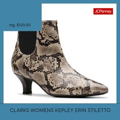 Dressing up date nights and days in the office, ankle boot Clarks collection Kepley Erin arrives with a pointed toe for a sleek look. Soft cushioning balances dressy aesthetics with ultimate underfoot comfort, while a flexible outsole keeps up with whatever's on your daily agenda. And with striking snake-effect uppers, this pair is your go-to for bold, new-season style. Premium black leather and suede upperStretch panelling for easy on/off5mm ultimate comfort pu foam footbed offers all-day cush… Dressy Aesthetics, Daily Agenda, Up Date, Boots Dress, Dress Boots, Clarks Women's, Day For Night, Sleek Look, Dress And Heels