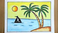 a drawing of a sailboat on the ocean with a palm tree in the foreground