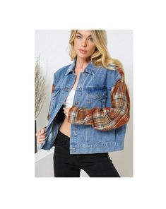 NEW Boho Vintage Western Plaid Flannel Shirt Washed Denim Jacket Jean Shacket - Color: Med Wash Denim/Brown Rust - Vintage faded look - Button front closure - 2 Buttoned flap chest pockets - Drop shoulder long sleeves - 90% Cotton 10% Polyester Size S 2/4: Bust 33-34 Waist 25-26 Hips 35-36 Size M 6/8: Bust 35-36 Waist 27-28 Hips 37-38 Size L 10/12: Bust 37-38 Waist 29-30 Hips 39-40 Size chart is for body measurements and provided as a guide. Please message for the actual garment measurements if Diy Jacket Refashion, Denim Crafts Diy, Fall Outerwear, Vintage Denim Jeans, Diy Jacket, Plaid Sleeve, Denim Crafts, Checkered Shirt, Boho Vintage