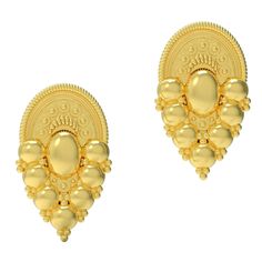 These earrings are among the most iconic Etruscan designs, and are based on several examples in Rome dating to the seventh century BC. Here, the rounded disk shape at the top is framed with a ribbed border, while the center and bottom edges are filled with cascading golden droplets of varying sizes. Our earrings may be ordered with a post back, or as a set of clip-on earrings. Please indicate your choice in the Special Instructions area of this page. Larentia was an ancient Roman goddess of fert Roman Goddess, Ancient Romans, Clip On Earrings, Rome, 925 Sterling Silver, Sterling Silver, Gold, Silver