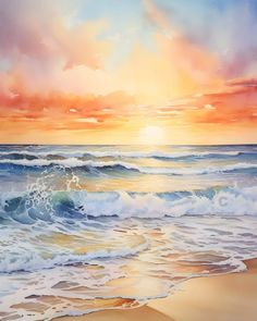 an oil painting of the sun setting over the ocean with waves crashing on the beach