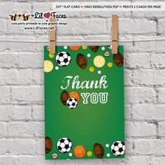 a green background with soccer balls and the words thank you hanging on a brick wall