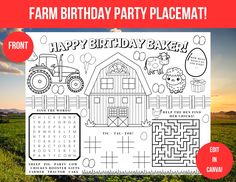 the farm birthday party placemat is shown with an image of a tractor and barn