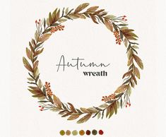 an autumn wreath with leaves and berries painted in watercolor on a white paper background