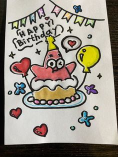 a drawing of a birthday cake with balloons and confetti