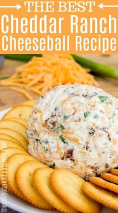 the best cheddar ranch cheeseball recipe on a plate with crackers