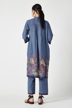 Blue kurta with floral embroidered motifs on hem, striped pattern and pleated bodice. Comes with pant. - Aza Fashions Traditional Spring Pants With Printed Motifs, Festive Blue Pants With Floral Embroidery, Cotton Sets With Embroidered Border, Spring Cotton Pants With Resham Embroidery, Spring Cotton Pants With Printed Motifs, Blue Cotton Bottoms With Embroidered Hem, Unstitched Cotton Bottoms For Spring, Blue Cotton Sets With Floral Embroidery, Festive Cotton Sets With Embroidered Hem