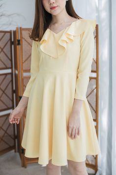 "*DHL shipping upgrade is available at check out process. Shipping part by DHL will take 3-6 days only. Production time may take around 2-3 weeks. If this is in rush you can convo us to make it sooner.:) A beautiful polite sweet shade of pale yellow dress to love. A new romantic design dress or gown for special event of you. The dress is feminine, sweet and modest look. Perfect for special party. Also custom length for this dress is available please convo. DESIGN✄: -V neckline with ruffle to bac Elegant Yellow Midi Dress With Ruffle Hem, Elegant Yellow Mini Dress With Ruffle Hem, Yellow A-line Midi Dress With Ruffles, Yellow Long Sleeve Ruffled Dress, Elegant Yellow Dress With Ruffle Hem, Fitted A-line V-neck Dress With Ruffles, Yellow Knee-length Dress With Ruffle Hem, V-neck Yellow Dress With Ruffle Hem, Formal Yellow Ruffled Dress