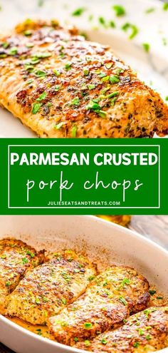 parmesan crusted pork chops in a casserole dish on a plate