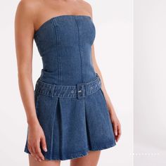 Nwt Xs Blue Jean Dress, Strapless Neckline, Lee Denim, Pleated Skirts, Pleated Mini Dress, Denim Mini Dress, Strapless Mini Dress, Party Dresses For Women, Belted Dress