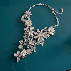 Treat Yourself! Large Statement Piece - Amazing Array Of Different Silver Tone Flowers & Leaves With Sparkly Faceted Acrylic Stones. Perfect For Party Time Or The Vintage Style Bride. Necklace Measures - Approx 17" Long, Closes With A Lobster Claw Clasp And Is Unbranded. Very Good Condition - Nwot (New Without Tags) Necklace Is Not Flimsy Weight Is 3.3 Oz. Flower Shaped Costume Jewelry Necklace For Wedding, Flower Shaped Wedding Costume Jewelry Necklace, Vintage Bride Jewelry, Bride Necklace, Flower Statement Necklace, Crochet Motif Patterns, Bride Jewelry, Polki Jewellery, Vintage Bride