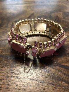 Holiday Sparkle, Sparkle Jewelry, Safety Chain, Glass Bracelet, Pink Rhinestones, Pink Satin, Bracelets And Charms, Christmas Colors, Vintage Watches