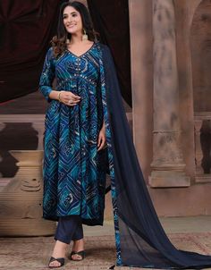 Trendy Alia Cut Designer Party Wear Readymade Salwar Suit Blue Premium Rayon Pant Straight Front View Alia Cut, Casual Abaya, Celana Fashion, Net Gowns, Black Abaya, Suit Blue, Moroccan Caftan, Rayon Pants, Salwar Suit