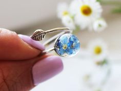 Forget me not ring Real flower ring Forget-me-not Floral ring Botanical ring  Sterling silver ring F Nature-inspired Flower Shaped Gift Ring, Blue Flower Ring For Gift, Gift Flower Charm Adjustable Rings, Unique Blue Flower Ring For Gift, Adjustable Flower Charm Rings As Gift, Adjustable Flower Charm Rings For Gifts, Adjustable Tiny Flower Jewelry, Adjustable Rings With Flower Charm For Gifts, Adjustable Tiny Flower Ring