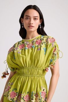 Lime green ruched top with floral cutwork and beads embroidery, tassel danglers and pleated flare. - Aza Fashions Luxury Tops With Resham Embroidery On Georgette, Luxury Sleeveless Top With Resham Embroidery, Luxury Embroidered Green Sets, Luxury Green Embroidered Sets, Luxury Women's Tops With Cutdana Detail, Luxury Resham Embroidery Top For Festivals, Cheap Green Embroidered Sets, Luxury Chanderi Top With Floral Embroidery, Luxury Cutwork Tops For Spring