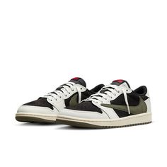 The Air Jordan 1 Retro Low OG SP 'Travis Scott Medium Olive' is a stylish sneaker that features a unique blend of Sail and Black colors. It is inspired by Travis Scott's signature details, such as the oversized backward Swoosh on the lateral side, tongue, inner panel and insole with the Cactus Jack branding. The sneaker is finished with the iconic Air Jordan Wings on the right heel and Scott's rough-drawn face on the left heel. It is perfect for any street style look and is made with a rubber so Travis Scott Olive, Jordan Travis Scott, Travis Scott Shoes, Travis Scott Low, Nike Travis Scott, Travis Scott Jordan 1, Mid Jordan 1, Обувь Air Jordan, Wmns Air Jordan 1