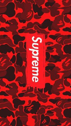 a red and black camouflage wallpaper with the word supreme written in white on it