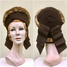 "* Women's winter hat c 1940s * High, toque style * Chocolate brown wool is pin-tucked and stitched vertically on front panel and in a chevron pattern on front of rounded crown * Large brown faille ribbons cascade in 3 tiers at center back * Brown felt and elastic straps attached in back in order to anchor hat under hair * Narrow brown grosgrain ribbon inner band * Unlined Labels: Bullock's Los Angeles, Consumer Protection Label, 23 Excellent condition. Very well-cared for hat! Circumference: 22 Vintage Winter Brimmed Cloche Hat, Vintage Brimmed Cloche Hat For Winter, Winter Vintage Brimmed Cloche Hat, Fitted Retro Brown Cloche Hat, Vintage Wool Cloche Hat For Winter, Winter Vintage Cloche Hat For Events, Fitted Vintage Bonnet Hat, Fitted Vintage Bonnet, Vintage Brown Cloche Hat For Winter