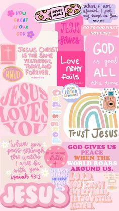 a collage of pink and purple stickers with the words jesus, love never fail