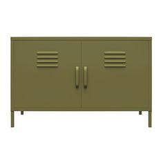 a green cabinet with two doors and three drawers